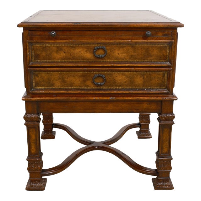 Theodore Alexander Leather Top Distressed Mahogany End Table For Sale