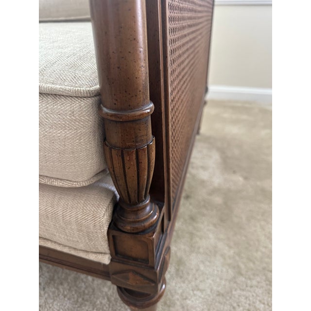 Vintage Cane Settee | Professionally Upholstered Neutral Herringbone | Classic Transitional For Sale In Washington DC - Image 6 of 6