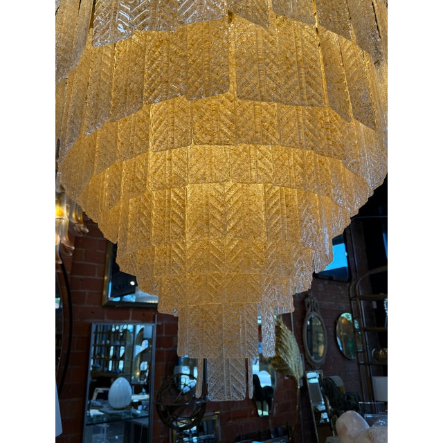 1970s Monumental Amber Textured Glass Leaf Tiered Chandelier For Sale - Image 11 of 11
