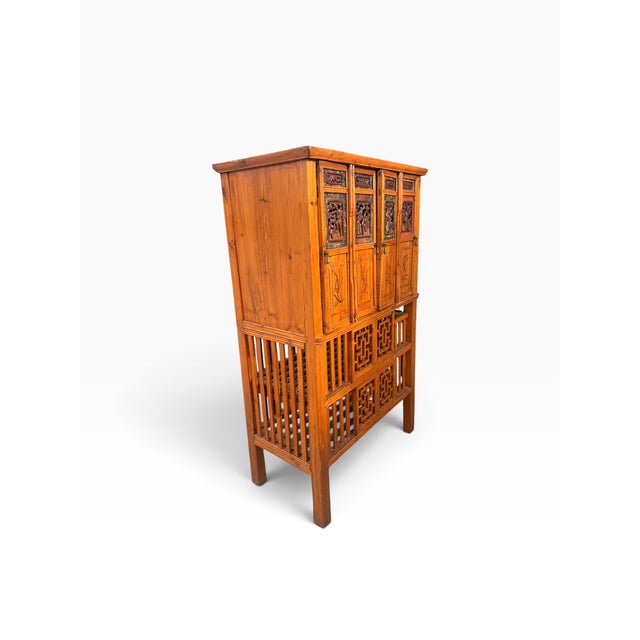Vintage Chinese Carved Wood Food Cabinet With Figural Panels & Geometric Latticework For Sale In Miami - Image 6 of 14