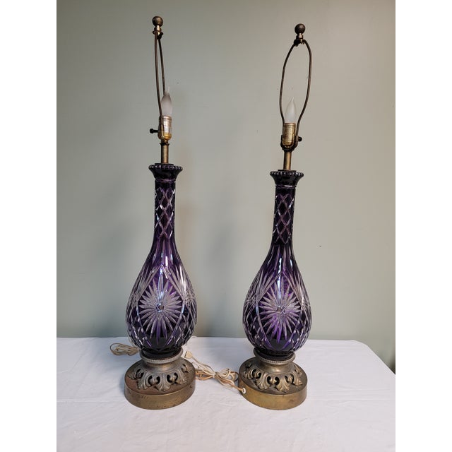 A Pair of 1940s Cut Crystal Amethyst Table Lamps For Sale - Image 9 of 9
