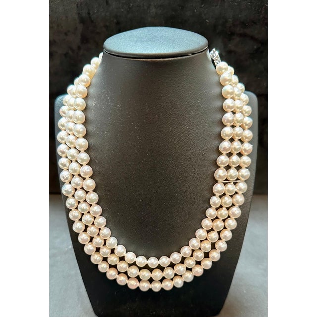 Modern 8mm Akoya Japanies Pearl Triple Strand Choker Necklace, 18k White Gold & Diamond For Sale - Image 3 of 8
