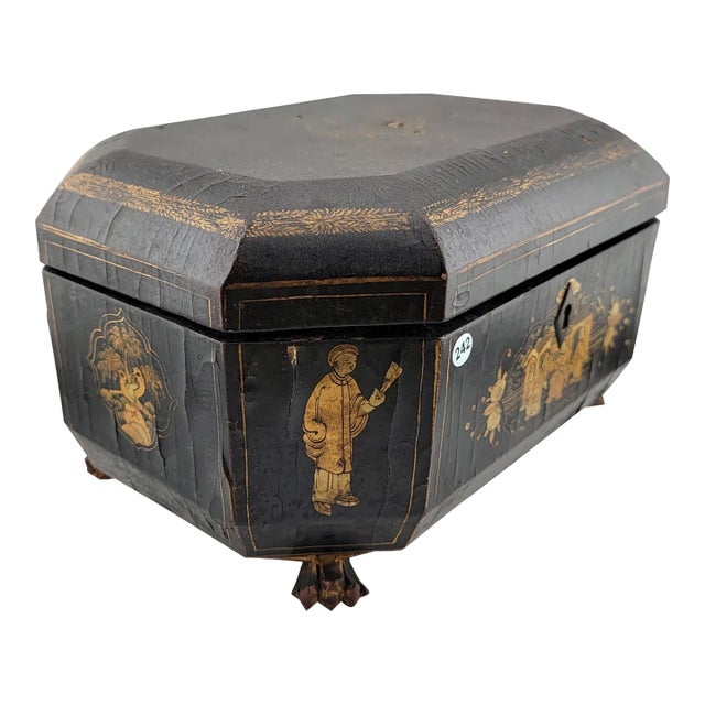Rare Mid 1800's Antique Chinese Gilt Lacquered Tea Caddy W/ Pewter Containers. For Sale