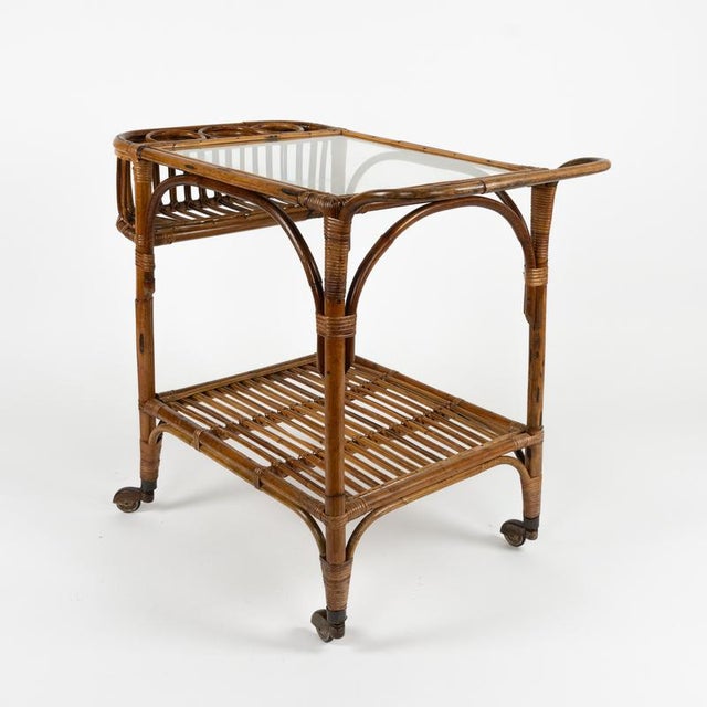 Mid-Century Bamboo, Rattan and Glass Serving Bar Cart in the style of Franco Albini, Italy, 1960s For Sale - Image 9 of 18