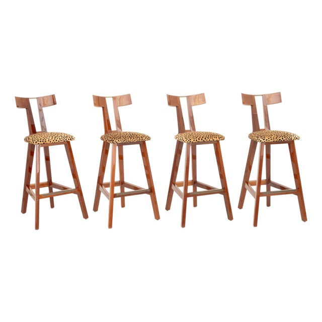 Mid-Century Modern Leopard Print Upholstered Stools, 4 For Sale