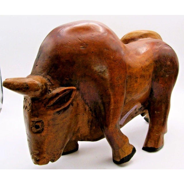 Large Vintage Mid-Century Modern Hand Carved Wood Bull Sculpture For Sale - Image 4 of 11