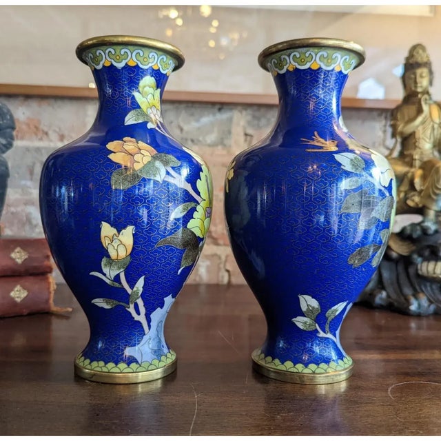 Chinese Vintage Signed Zi Jin Cheng Chinese Cloisonne Enamel Brass Vases in Dark Blue Floral - A Pair For Sale - Image 3 of 7