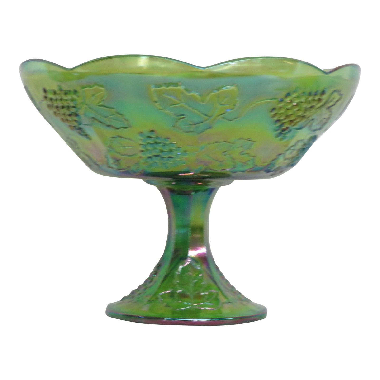 Indiana Harvest Grape Style Green Carnival Glass Large Compote Fruit ...