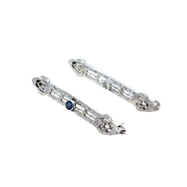 Modern Vintage Solid Gold Bar Brooch Pair With Diamond & Sapphire Accents For Sale - Image 3 of 4