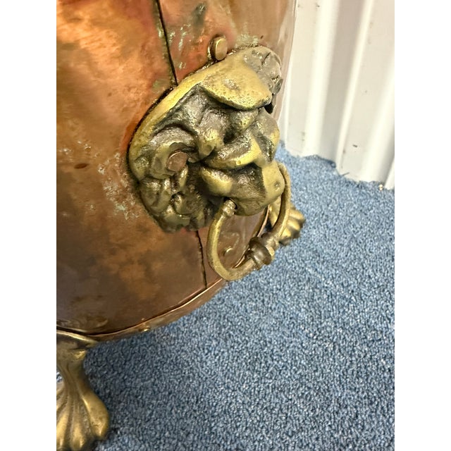 Mid 20th Century Antique Copper & Brass Kindling and Wood Holder – Lion Head Ring Pulls & Claw Feet For Sale - Image 5 of 7