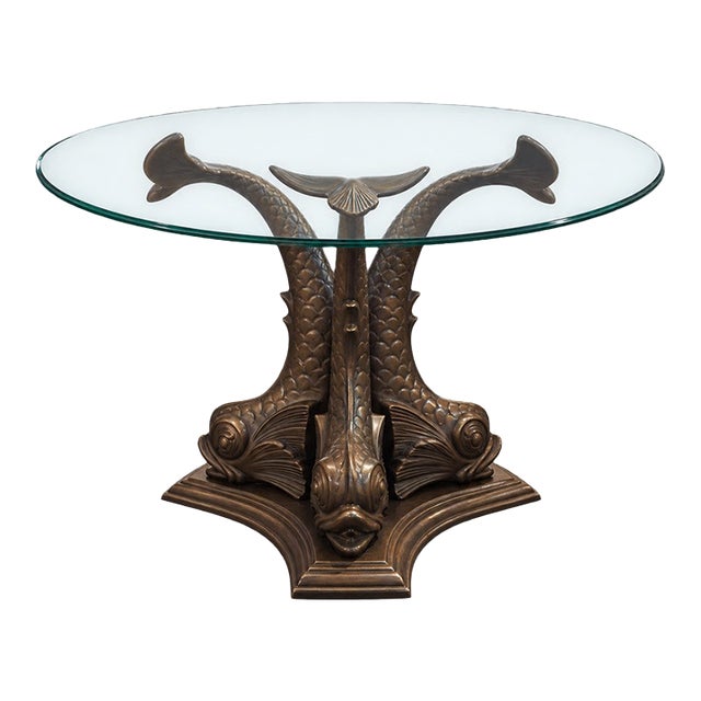 Vintage Sculptural Dolphin Dining Table With Glass Top – Bronze-Tone Finish For Sale