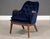 A mid century modern blue velvet petite lounge chair made with a solid walnut frame by Adrian Pearsall for Craft...