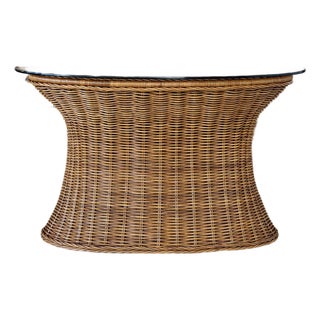 Vintage Refinished Rattan Braided Hourglass Console Table With Original Smoked Glass For Sale