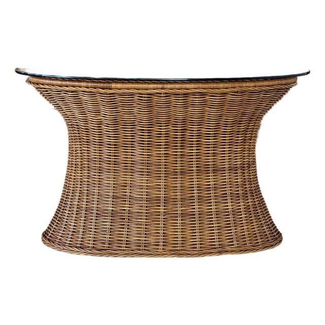 Vintage Refinished Rattan Braided Hourglass Console Table With Original Smoked Glass For Sale