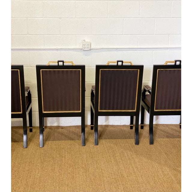 1980s Hollywood Regency Black Lacquer and Satin Dining Armchairs – Set of 8 For Sale - Image 11 of 13