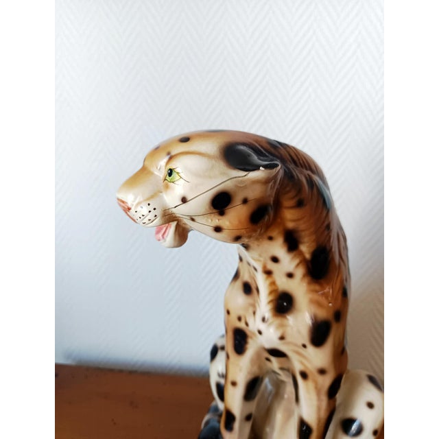 Vintage ceramic leopard sculpture, Italian work circa 1970. A roaring leopard sits on its hind legs. In very good...