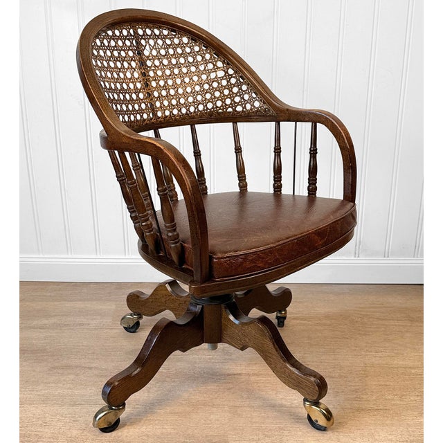 Traditional Vintage Traditional Mahogany & Cane Bankers Swivel Desk Chair For Sale - Image 3 of 17