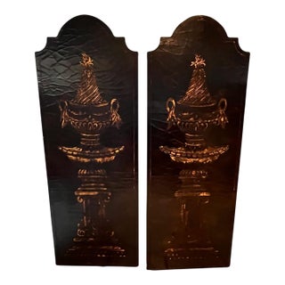 Vintage Monumental Empire Revival Black Lacquer & Gilt Urn Wall Panels – Pair For Sale