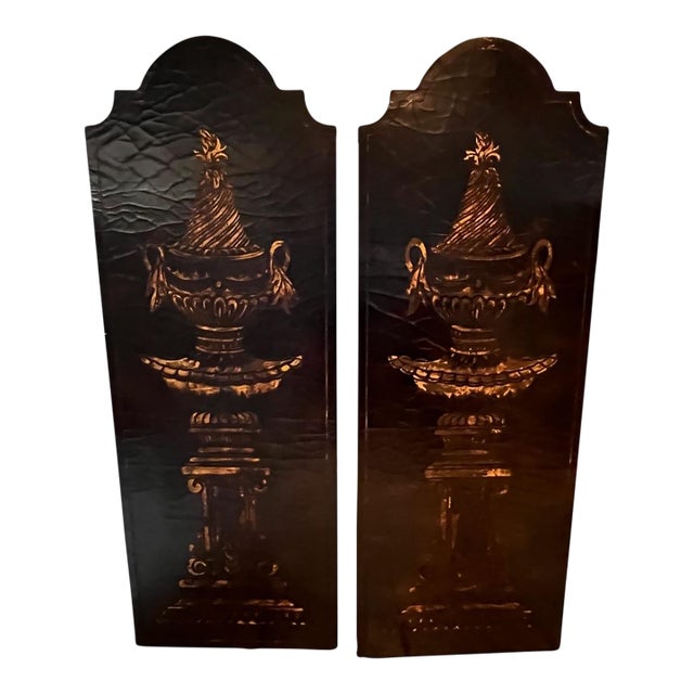 Vintage Monumental Empire Revival Black Lacquer & Gilt Urn Wall Panels – Pair For Sale