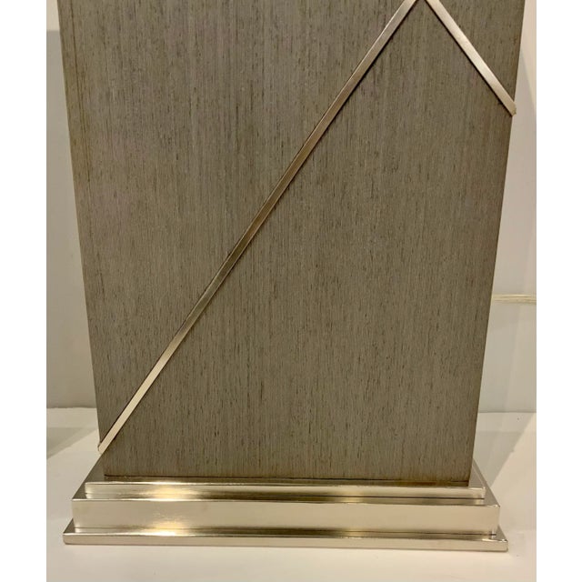 Stylish Currey & Co. Modern Geometric Gray Wood Table Lamps Pair Prototypes, nickel accents, showroom floor samples