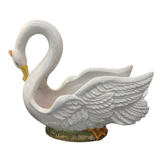 Vintage Mid-Century Italian Majolica Glazed Ceramic Swan Planter For Sale