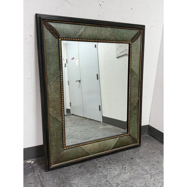 French French Art Deco Leather + Nailhead Framed Wall Mirror For Sale - Image 3 of 12