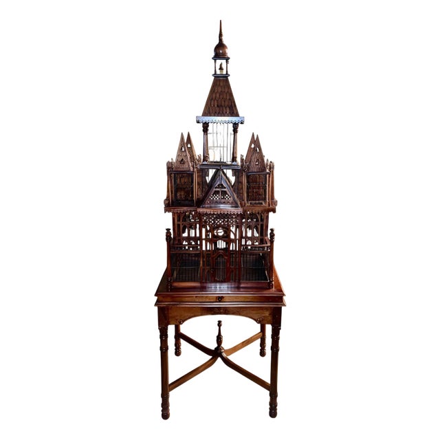 Monumental Victorian Gothic Revival Mahogany Bird Cage on Stand. England 19th C. For Sale