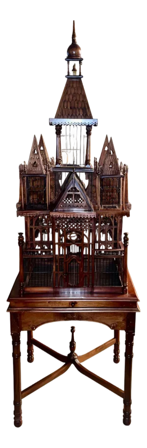 Monumental Victorian Gothic Revival Mahogany Bird Cage on Stand. England 19th C.