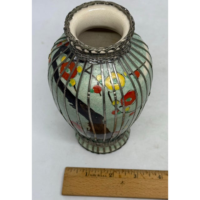 Mid 20th Century Japanese Silver Wire Wrapped Hand Painted Pottery Vase With Multicolored Floral Design For Sale - Image 11 of 12