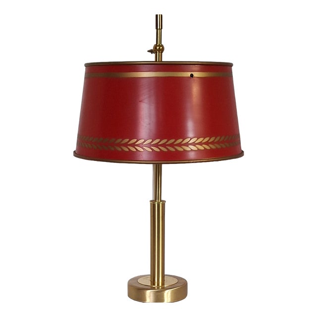 Vintage Table Lamp with Brass Frame and Red Metal Shade, 2000s For Sale
