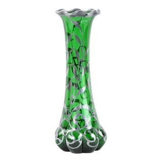 Loetz Green Glass Vase With Alvin Sterling Silver Overlay For Sale