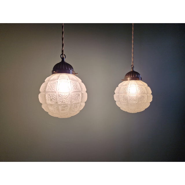 Art Deco Pendant Lights in Pressed Molded Frosted Glass, 1930s, Set of 2 For Sale - Image 4 of 16