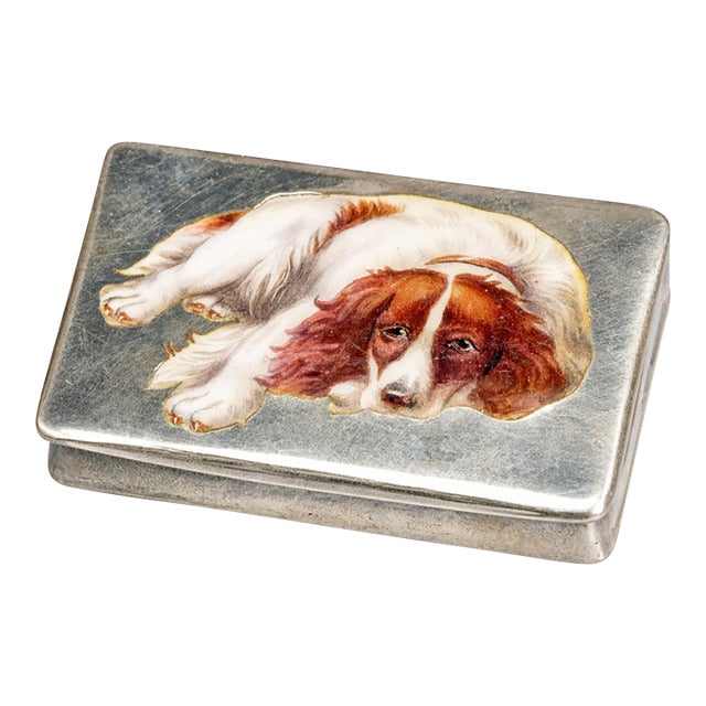 Fantastic Hand Painted Enamel Spaniel Dog Continental 800 Silver Antique Snuff Trinket Box For Sale
