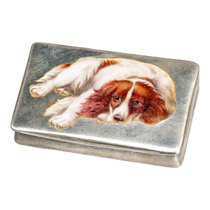 Fantastic Hand Painted Enamel Spaniel Dog Continental 800 Silver Antique Snuff Trinket Box