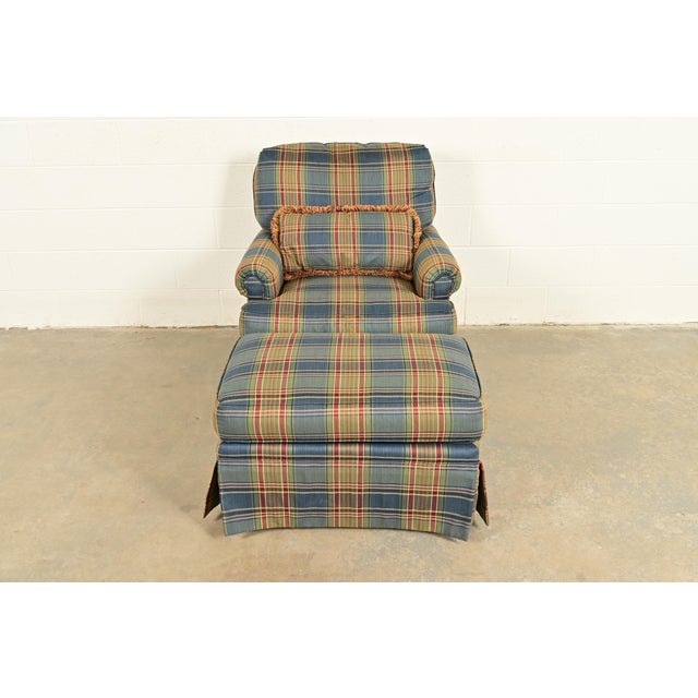 1980s Harden Furniture English Country Plaid Upholstered Lounge Chair With Ottoman For Sale - Image 5 of 15