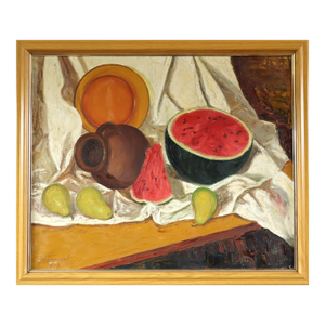 1973 Mid-Century Modern 'Watermelon & Pot' Vintage Expressive Original Still Life Oil Painting, Framed