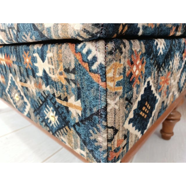 2020s Navy Blue Rug Print Fabric Upholstered Hallway Storage Bench For Sale - Image 5 of 8