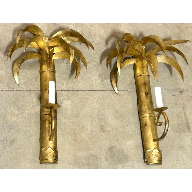 Pair Jansen Style French Gilt Tôle Palm Tree Two-Light Wall Sconces, Circa 1960s For Sale - Image 4 of 11
