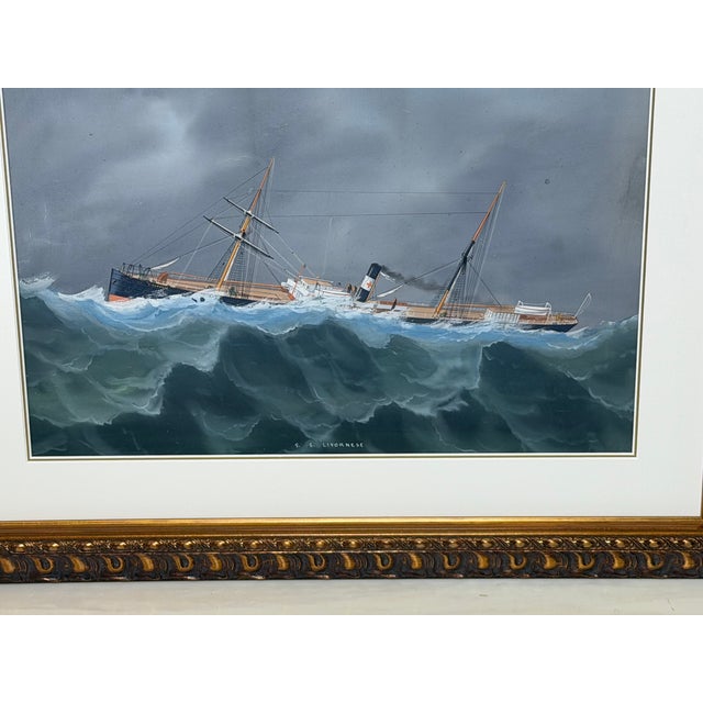 Italian s.s. Livornese in Heavy Seas — Antique Marine Gouache Steam Sail Ship Portrait, Attributed to Luca Papaluca (Italian, 1890–1934) For Sale - Image 3 of 18