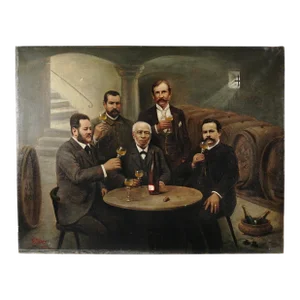 German Oil Painting Portrait of a Wine Tasting Group, Dated 1897