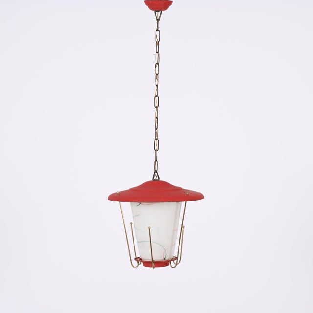 Mid-Century Italian Round Opaline Glass and Brass Red Lantern Chandelier, 1950s For Sale - Image 4 of 18
