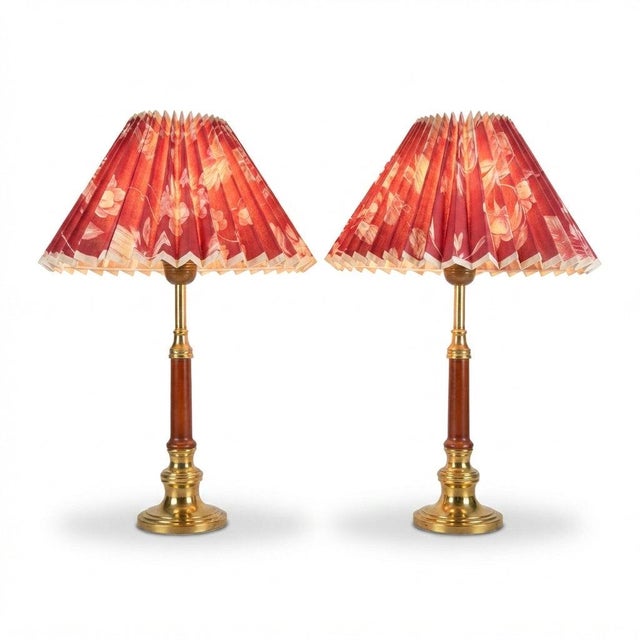 Brass and Wood Table Lamps with Pleated Floral Shades, 1970s, Set of 2 For Sale - Image 12 of 12