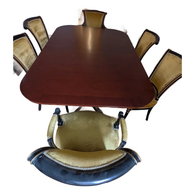 1980s Solid Mahogany Dining Table With Crushed Velvet Chairs For Sale