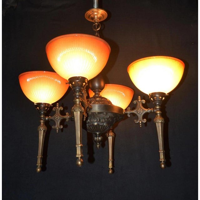 Pink Mid-Century Modern Four-Light Bronze Chandelier with Holophane Prismatic Glass Shades, 1950s For Sale - Image 8 of 18