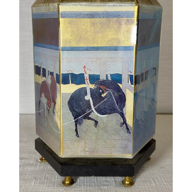 Late 20th Century Vintage Chinoiserie Reverse Painted Hexagonal Tang Horse Table Lamp With Bespoke Navy Blue Shade For Sale - Image 5 of 12