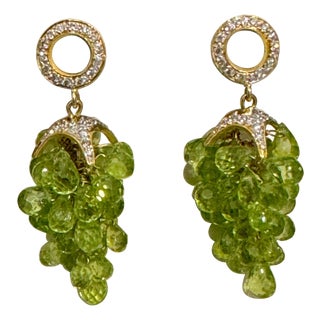 Natural Peridot Briolette and Diamond Hanging Earrings 18 Karat Yellow Gold For Sale