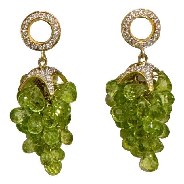 Natural Peridot Briolette and Diamond Hanging Earrings 18 Karat Yellow Gold For Sale
