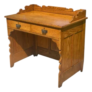 Antique Victorian Tiger Oak Raised Panel Two Drawer Desk With Scrolled Gallery