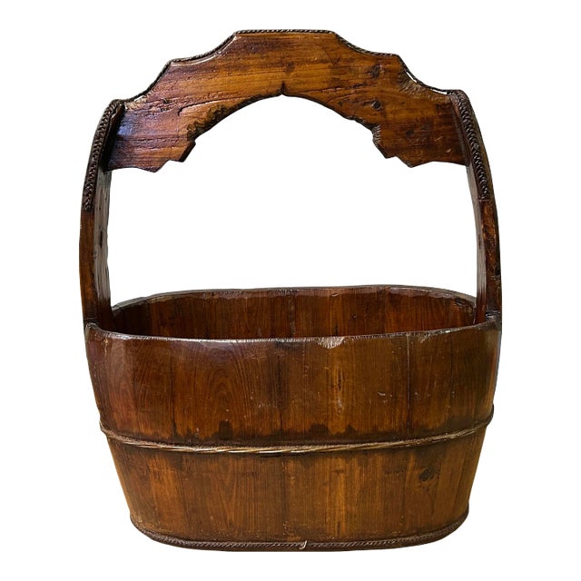 Vintage Chinese Rustic Brown Oval With Handle Wood Bucket For Sale