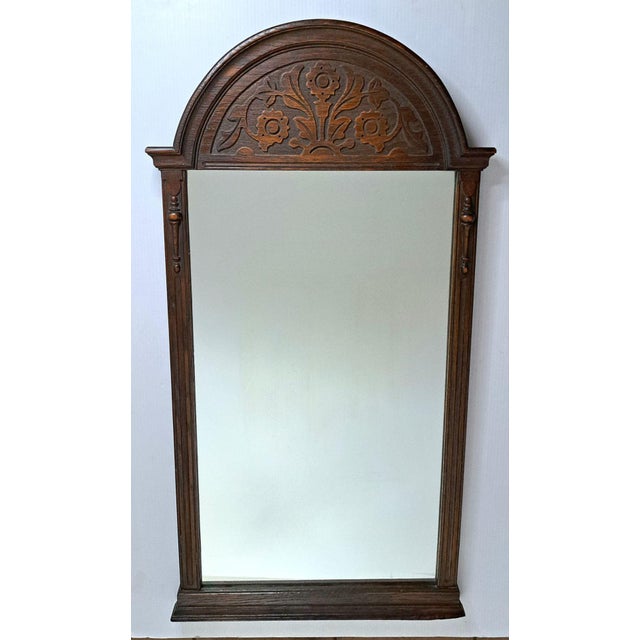 SKU: OT 3336 Antique 1910s Carved Oak Wall Mirror Arched Top Floral Wood Stamped #2375 This is a true antique carved oak...